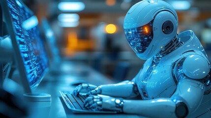 A humanoid robot interacts with a computer, displaying code on the screen in a sleek office environment illuminated by warm daylight.