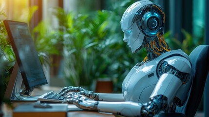 A humanoid robot interacts with a computer, displaying code on the screen in a sleek office environment illuminated by warm daylight.