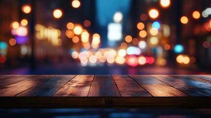 Holiday street bokeh. Wooden table surface. Background template for greeting card poster design