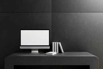 Wall Mural - a front view of a white-screen desktop computer mockup and accessories on a concrete desk in a moder