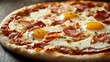© svastix - A perfectly baked pizza topped with sunny-side-up eggs, crispy bacon, and a sprinkle of fresh herbs, showcasing a delightful mix of textures and savory flavors.