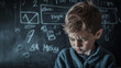 © Vika art - Sad child near chalkboard.