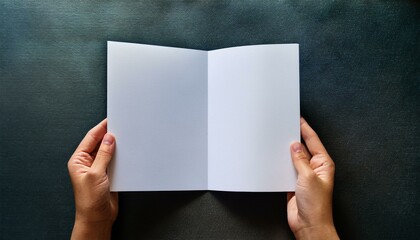 A pair of hands holding a piece of blank white A4 paper; grey background; graphic resources; graphic elements; top angle view of a pair of hands holding a blank white piece of paper; mock up photo