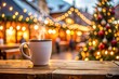 © Diana - A steaming cup of coffee on a wooden table with a Christmas tree and festive market lights in the background. A perfect representation of warmth and holiday coziness during winter events.
