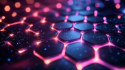 Poster - An intricate arrangement of hexagons illuminated by vibrant neon hues creates a captivating digital landscape, showcasing dynamic colors and depth.