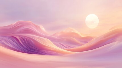 Wall Mural - A serene pastel desert landscape with soft dunes and a glowing sun on the horizon, blending warm pink, purple, and peach tones. Perfect for backgrounds or wallpapers. AI generative.