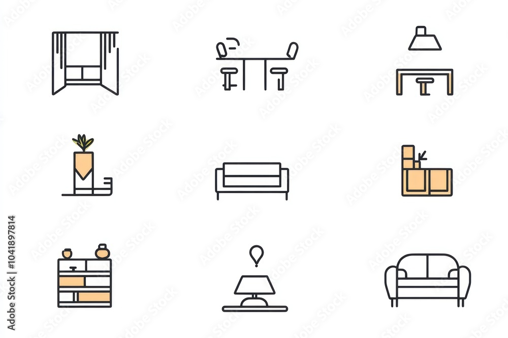 outline icon set of interior design, black line, minimal, white ...