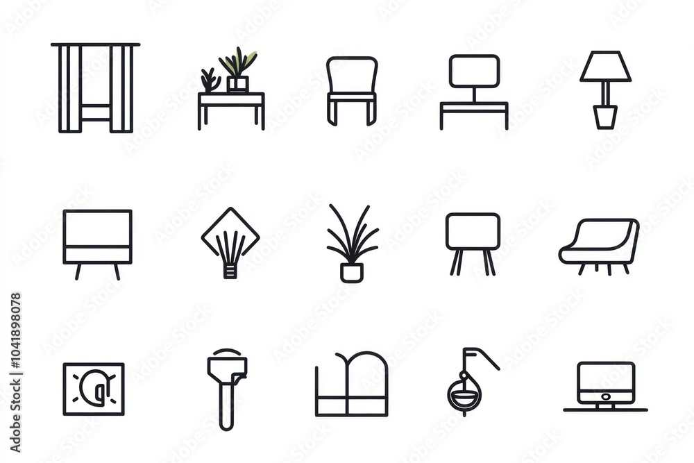 outline icon set of interior design, black line, minimal, white ...
