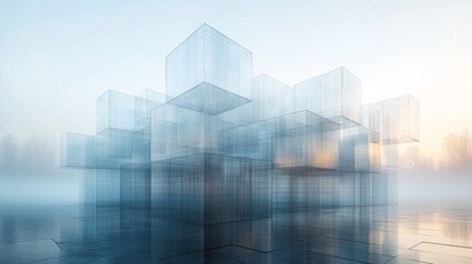 Aufkleber - The artwork features a cluster of transparent cubes emerging from a misty environment during dawn, highlighting delicate reflections and textures.