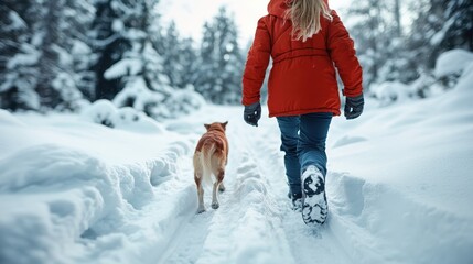 A child in a red coat walks with a faithful dog along a serene, snow-covered forest path, illustrating companionship and the joy of winter exploration.