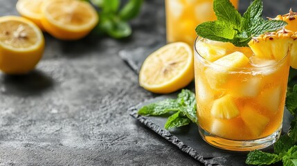 A refreshing citrus drink is garnished with lemon slices, mint leaves, and pineapple cubes, offering a bright and tropical vibe perfect for summertime enjoyment.