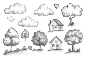 Poster - Pencil sketches showcase simple, charming doodles of clouds, trees, and houses, all drawn in a playful and quick style. Generative AI