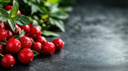 A close-up image of a pile of fresh red berries adorned with water droplets placed on a textured surface, highlighting freshness, vitality, and natural abundance.