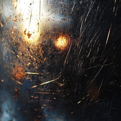 Metal surface with scratches reflecting light, creating an abstract texture.