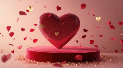 Canvas Print - Red velvet heart-shaped podium, floating petals and golden shimmer particles, all set against a soft pink Valentine's Day backdrop