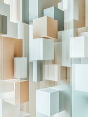 Fototapete - Multiple cubes of different sizes and shades are interconnected by diagonal lines on a light background, creating a dynamic design. Generative AI