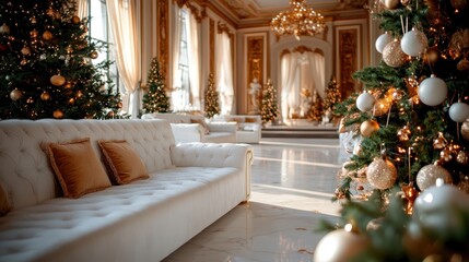 This spacious room showcases elegant Christmas trees with golden accents and lavish decorations, creating a luxurious atmosphere filled with warmth and holiday spirit.