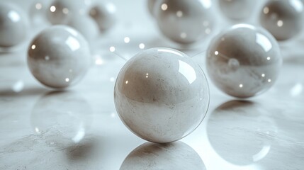 Fototapete - White spheres are scattered artistically on a polished marble surface, creating a tranquil atmosphere as they reflect soft light, enhancing the elegance of the scene.
