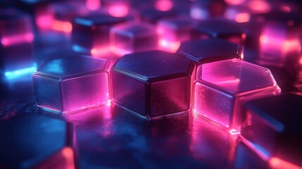 Poster - Hexagonal shapes glow in vibrant shades of pink and blue, creating a mesmerizing display on a reflective surface in a dark environment.