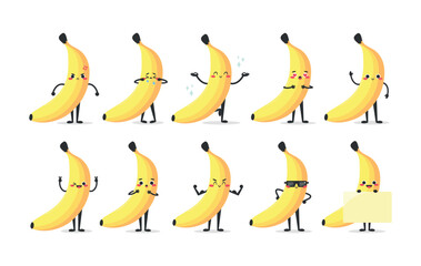 Cute cartoon banana characters set. Banana fruit mascot. Vector illustration