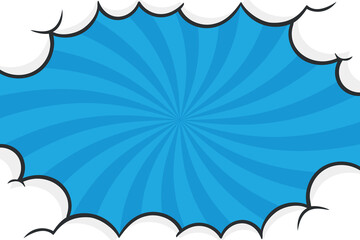 Wall Mural - Pop art blue comic cover with cloud frame. Retro style background with sun rays. Vector illustration