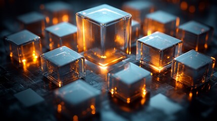 Fototapete - A collection of transparent cubes with luminous interiors is arranged on a dark surface, radiating warm light. The glowing effect creates an intriguing visual contrast during a creative exploration.