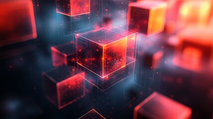 Poster - Translucent cubes float in a vibrant red-blue environment, emitting a digital glow. This artwork captures the essence of modern technology and creativity.