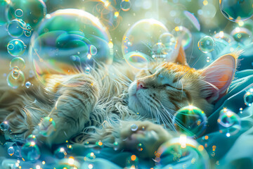 Kitten is sitting in a bathtub full of bubbles. The bubbles are colorful and the kitten is looking at the camera. Scene is playful and lighthearted