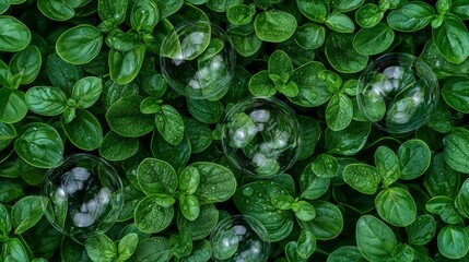 Wall Mural - Bubbles on Green Leaves.