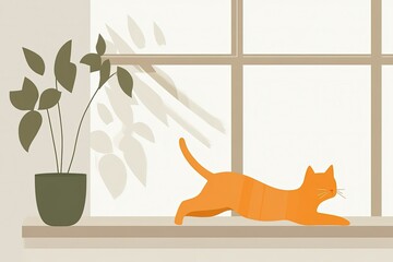 Canvas Print - an orange cat sitting on a window sill next to a potted plant