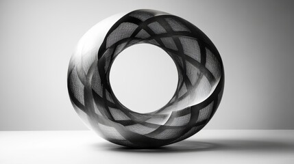 Aufkleber - An intricate black and white abstract sculpture sits elegantly on a minimalist surface, beautifully highlighted by gentle lighting that enhances its shapes and textures.