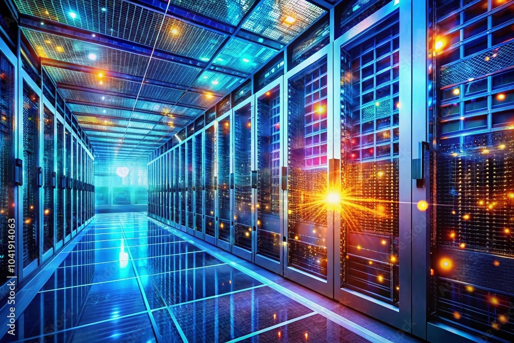 Illuminated Data Center with Server Racks in Double Exposure Style for ...