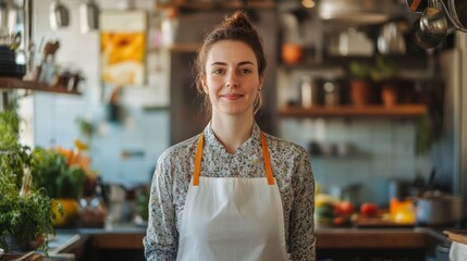 A young European female chef stands confidently in her kitchen, surrounded by fresh ingredients and herbs, radiating creativity and culinary passion.