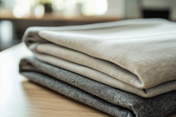 Aufkleber - A stunning arrangement of minimalist sportswear is beautifully folded on a smooth table, enhancing the airy atmosphere of the surroundings. Generative AI