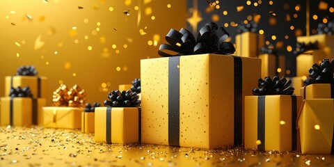 Festive yellow and black gift boxes with confetti on vibrant background