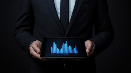 Businessman in formal attire analyzing data trends on a tablet, showcasing financial insights and professional engagement.