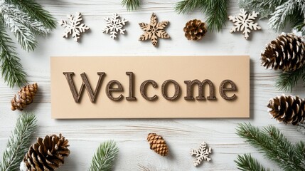 Wall Mural - A festive New Year card background showcases the word Welcome on aged paper, surrounded by wooden snowflakes and pine cones