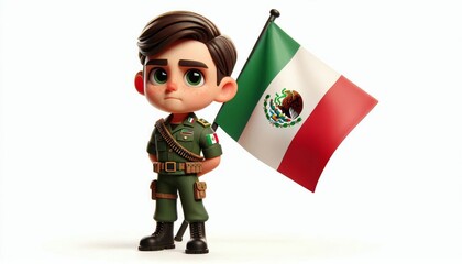 3d render of a boy wearing Mexico Army uniforms. There is an Mexico flag behind it on a white background