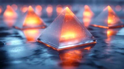 Fototapete - In a dimly lit setting, several translucent pyramids emit a warm glow, reflecting lights and creating an ethereal ambiance on the surface. The arrangement suggests a futuristic artistic theme.
