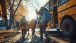 © Tadeusz - Children walking to school bus in autumn, wearing colorful jackets and backpacks.