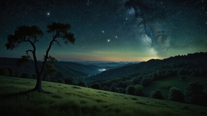 A breathtaking night sky stretches across a vast, rolling landscape. A solitary tree stands silhouetted against the starry expanse, its branches reaching towards the heavens