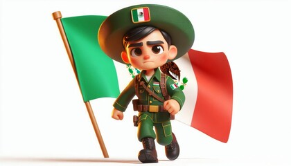 3d render of a boy wearing Mexico Army uniforms. There is an Mexico flag behind it on a white background