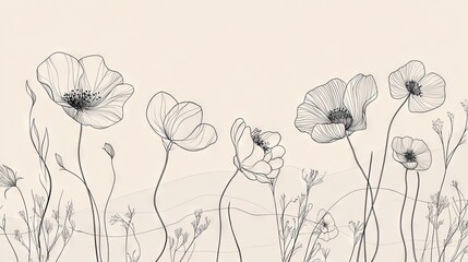 Wall Mural - a continuous line drawing of various flowers, minimalistic and elegant, creating a modern and timele