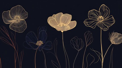 Wall Mural - a continuous line drawing of various flowers, minimalistic and elegant, creating a modern and timele