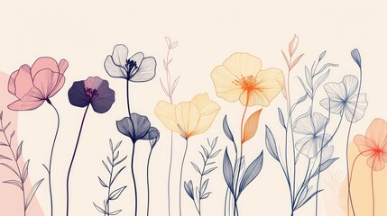 Wall Mural - a continuous line drawing of various flowers, minimalistic and elegant, creating a modern and timele