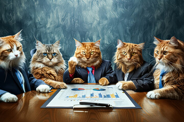 Wall Mural - Group of cats are sitting at a table with papers in front of them. The cats are dressed in suits and ties, giving the impression that they are in a business meeting. The scene is playful