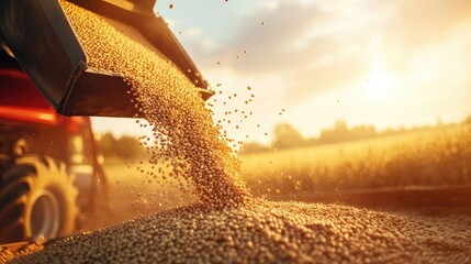 Wall Mural - A farmer pours harvested soybeans into a tractor trailer, symbolizing abundance and the rewarding cycles of agriculture during harvest season.