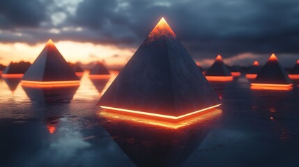 Aufkleber - The glowing pyramids rise from the calm water, reflecting the twilight colors above. The intricate lighting adds an enchanting touch to the serene landscape.