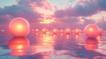 Poster - A stunning sunset bathes the ocean in warm hues while glowing spheres gently float on the water, creating a tranquil and magical atmosphere.