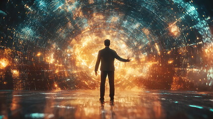 Aufkleber - Exploring the future a person standing in a futuristic digital tunnel of light and energy embodying innovation and possibility